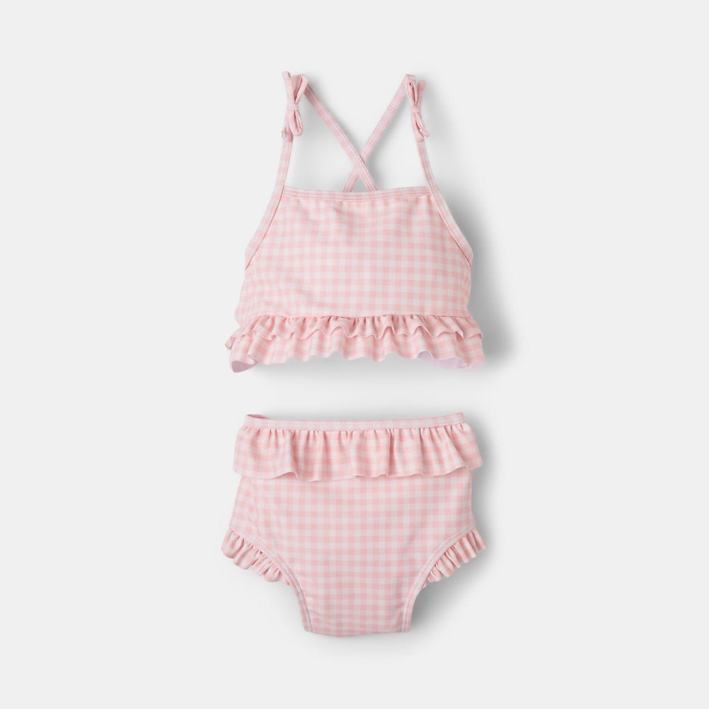 rise little earthling Ruffle Bow 2-pc Bathing Suit - Peach Gingham / 12-18m
